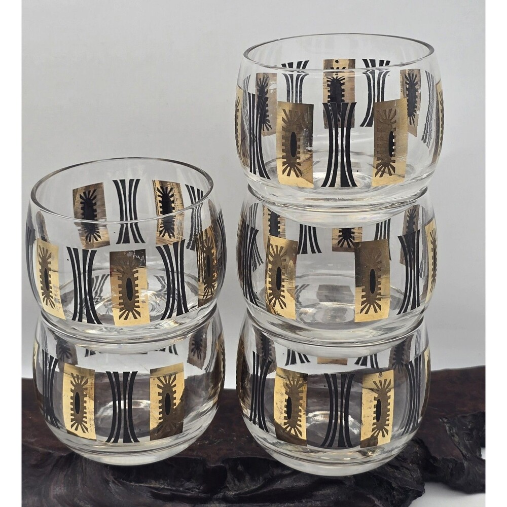 5 Federal Tumblers Roly Poly Black 22k Gold Atomic Starburst MCM VTG Bareware